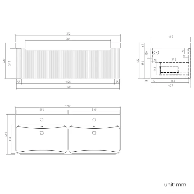 Sorrento Fluted Matt Black Wall Hung Double Basin Drawer Vanity 1200mm