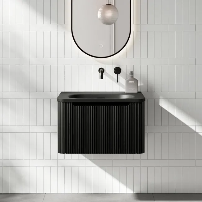 Sorrento Fluted Matt Black Wall Hung Drawer Vanity with Black Basin 600mm