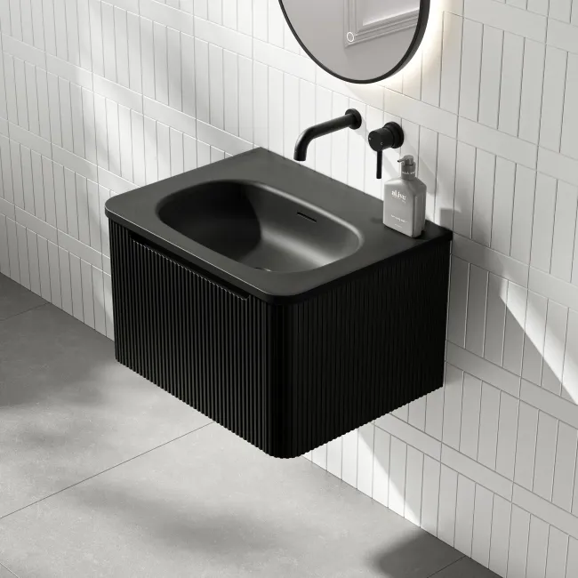 Sorrento Fluted Matt Black Wall Hung Drawer Vanity with Black Basin 600mm