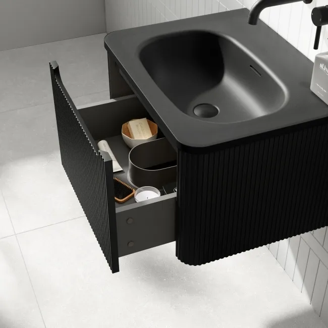 Sorrento Fluted Matt Black Wall Hung Drawer Vanity with Black Basin 600mm