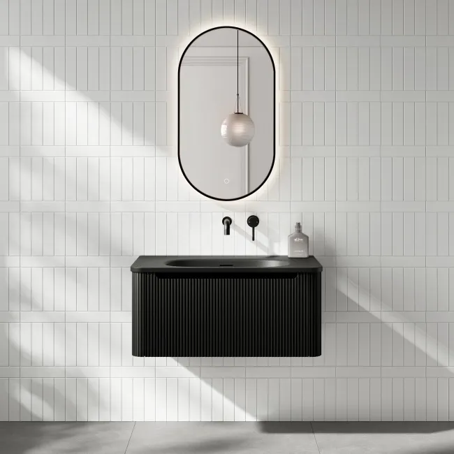 Sorrento Fluted Matt Black Wall Hung Drawer Vanity with Black Basin 800mm