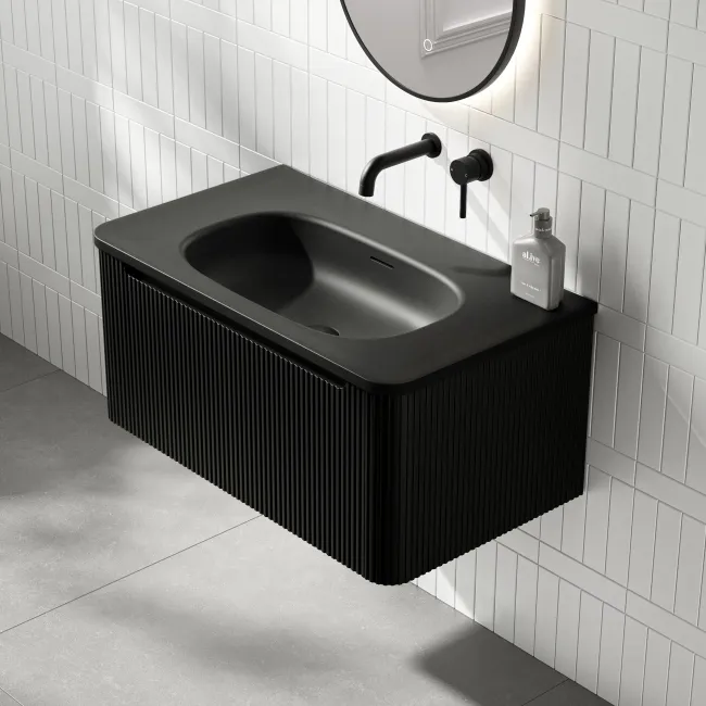 Sorrento Fluted Matt Black Wall Hung Drawer Vanity with Black Basin 800mm