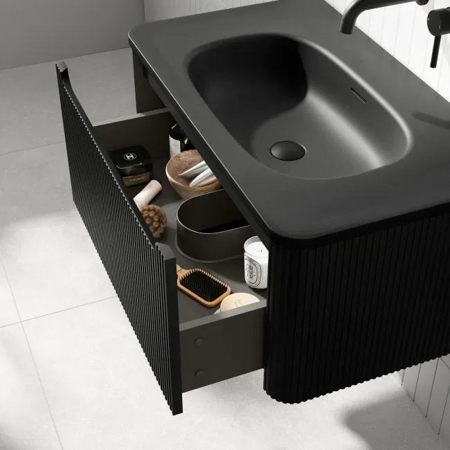 Sorrento Fluted Matt Black Wall Hung Drawer Vanity with Black Basin 800mm