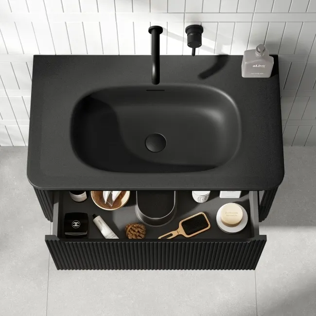 Sorrento Fluted Matt Black Wall Hung Drawer Vanity with Black Basin 800mm