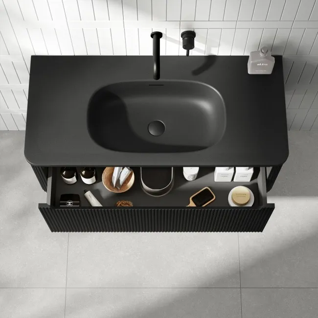 Sorrento Fluted Matt Black Wall Hung Drawer Vanity with Black Basin 1000mm