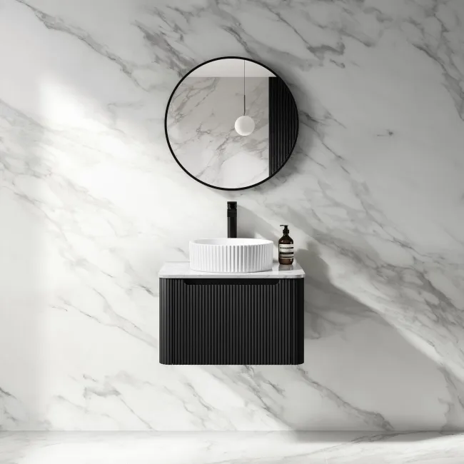 Sorrento Fluted Matt Black Wall Hung Drawer Vanity with Marble Top & Nevis Basin 600mm