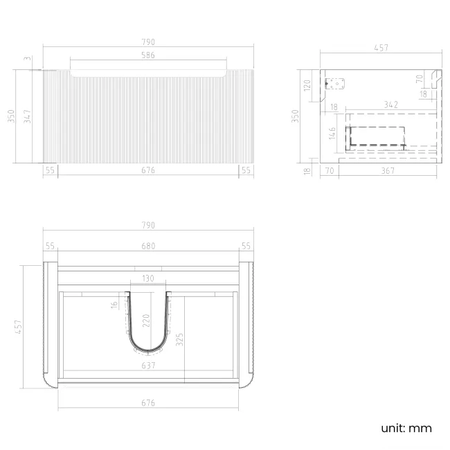 Sorrento Fluted Matt Black Wall Hung Drawer Vanity with Marble Top 800mm - Excludes Counter Top Basin
