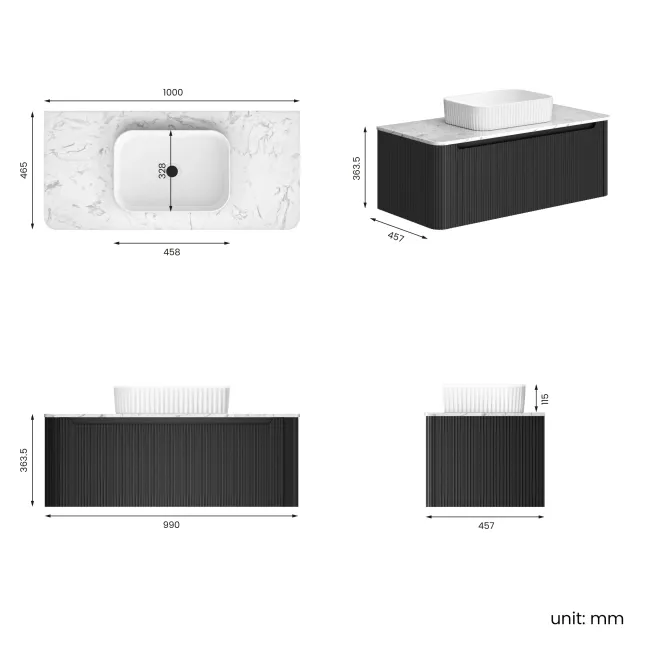 Sorrento Fluted Matt Black Wall Hung Drawer Vanity with Marble Top & Reno Basin 1000mm