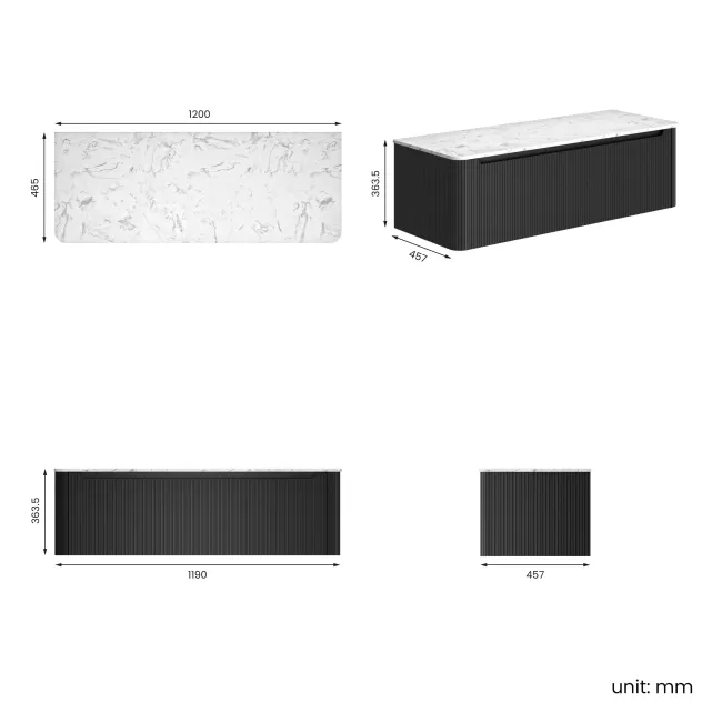 Sorrento Fluted Matt Black Double Wall Hung Drawer Vanity with Marble Top 1200mm - Excludes Counter Top Basin