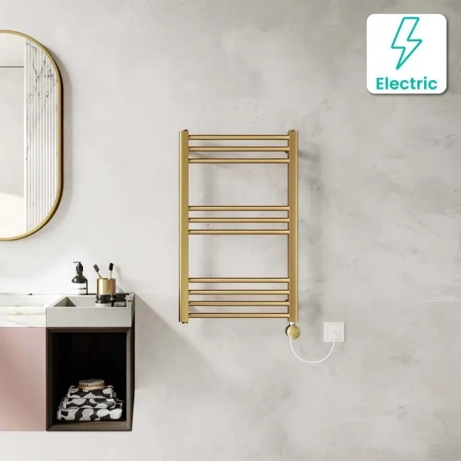 Barcelona Electric Brushed Brass Straight Heated Towel Rail 800x500mm