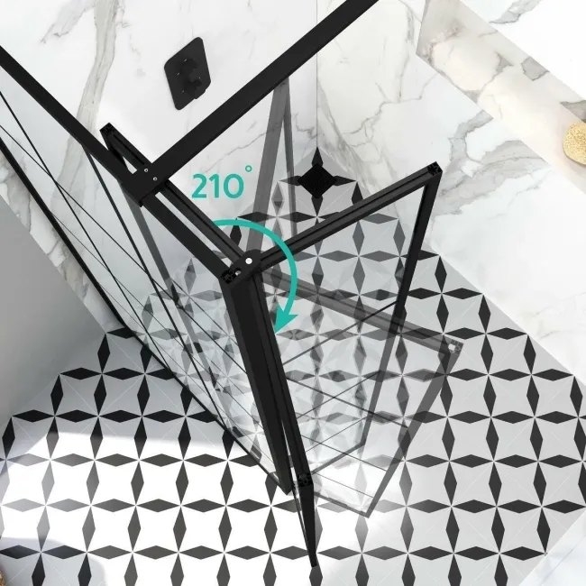 Munich Matt Black Grid 8mm Wet Room Shower Glass 900mm & 250mm Pivotal Return Panel