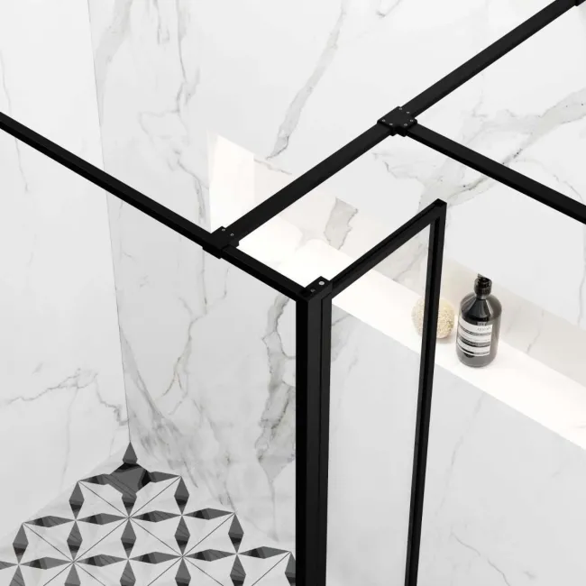 Munich Matt Black Framed 8mm Walk In Shower Enclosure 1000mm & 900mm Glass with Pivotal Return Panel