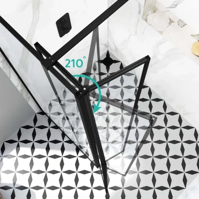 Munich Matt Black Framed 8mm Walk In Shower Enclosure 1200mm & 800mm Glass with Pivotal Return Panel