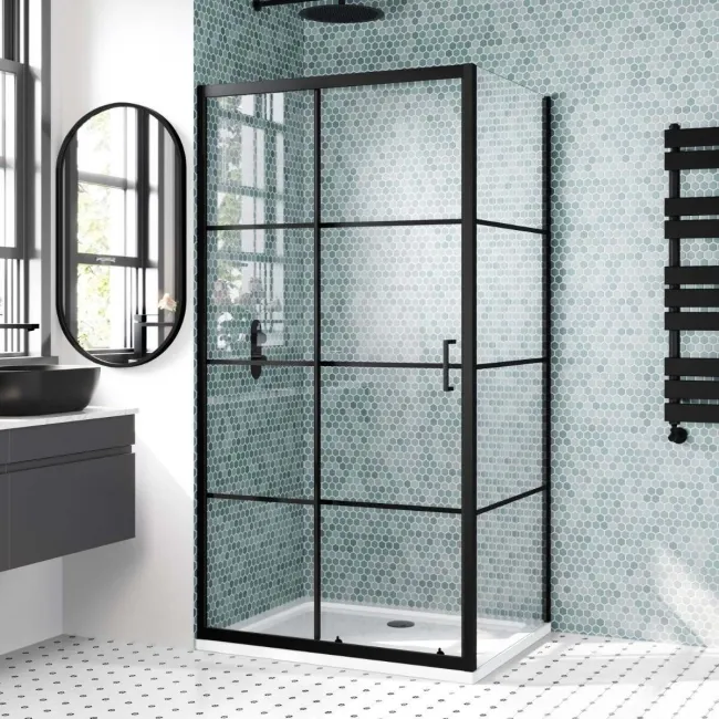 London Matt Black Grid 6mm Sliding Shower Enclosure 1000x800mm