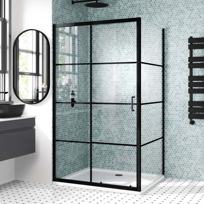 London Matt Black Grid 6mm Sliding Shower Enclosure 1100x900mm