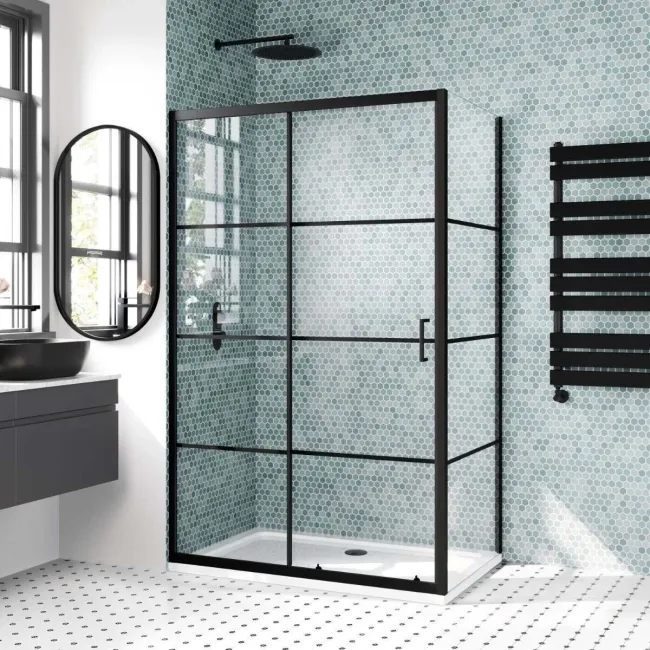London Matt Black Grid 6mm Sliding Shower Enclosure 1200x760mm