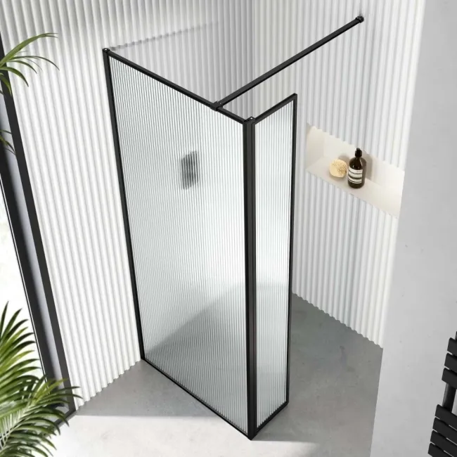 Munich Fluted Effect Matt Black Framed 8mm Wet Room Shower Glass 800mm & 250mm Pivotal Return Panel