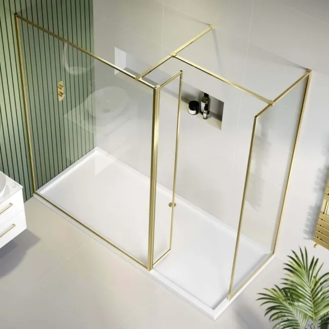 Munich Brushed Brass Framed 8mm Walk In Shower Enclosure 1400mm & 800mm Glass with Return Panel