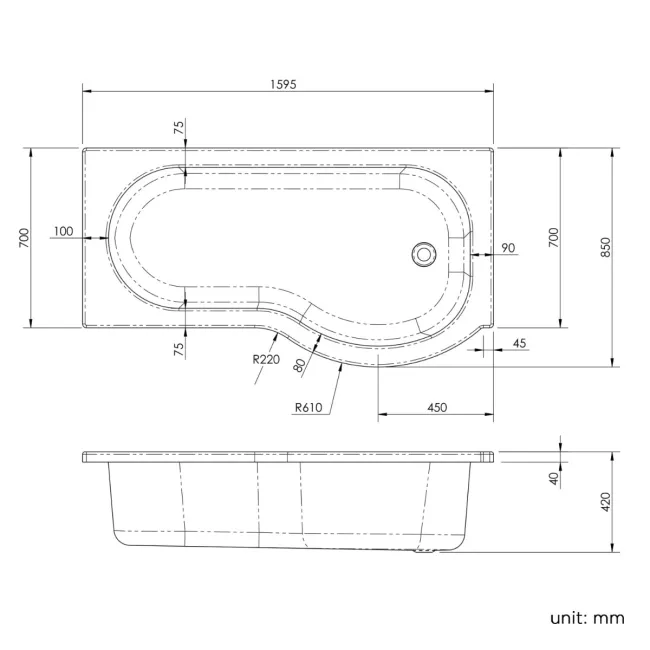 P Shaped 1600 Shower Bath - Right Handed