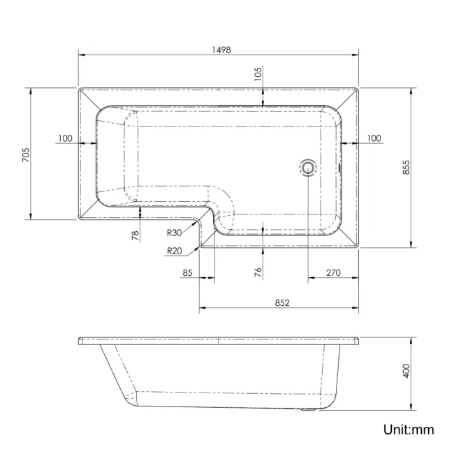 L Shaped 1500 Shower Bath - Right Handed