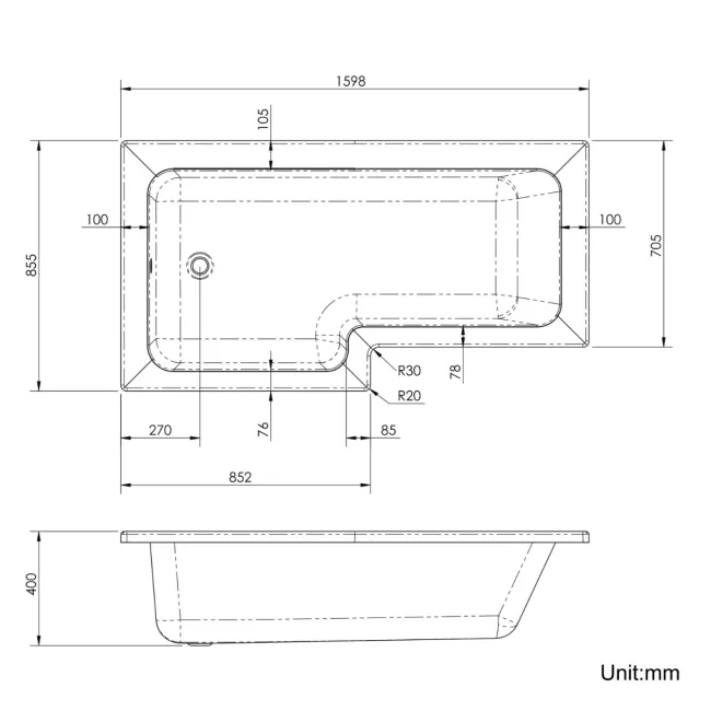 L Shaped 1600 Shower Bath - Left Handed