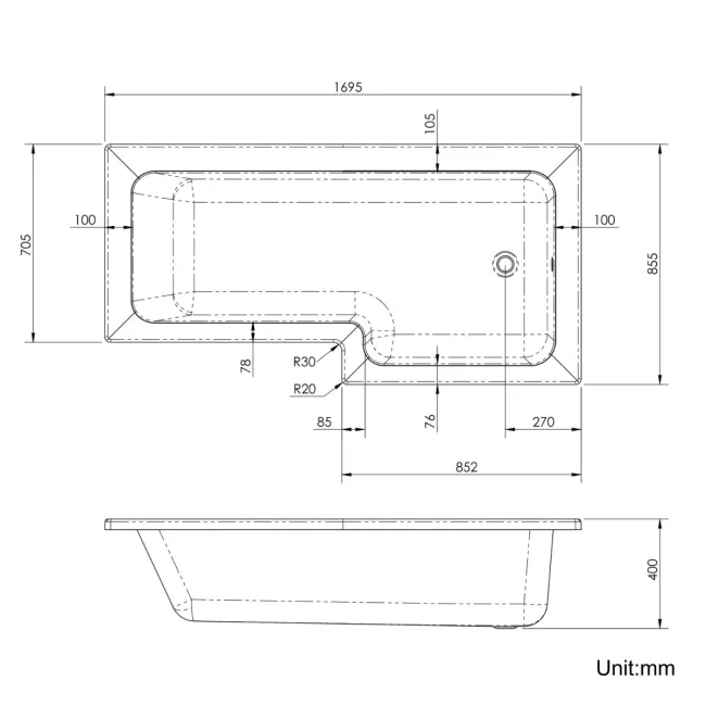L Shaped 1700 Shower Bath - Right Handed