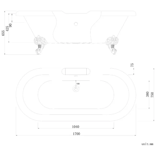 Grosvenor 1700mm Roll Top Bath - White Ball Feet