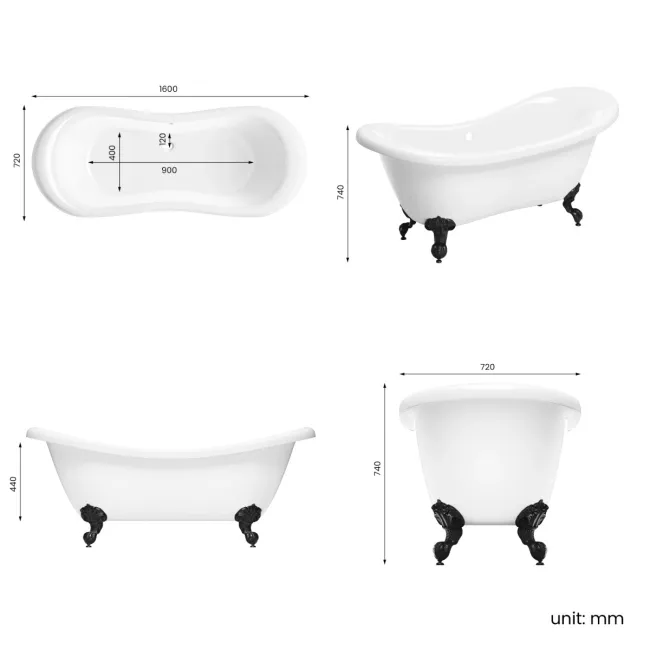 Tonbridge 1600mm Roll Top Bath - Black Ball Feet