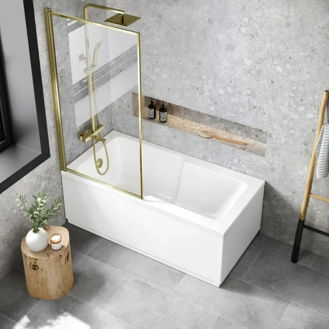 Dover 1500x750 Keyhole Shower Bath & 6mm Easy Clean Brushed Brass Framed Bath Screen
