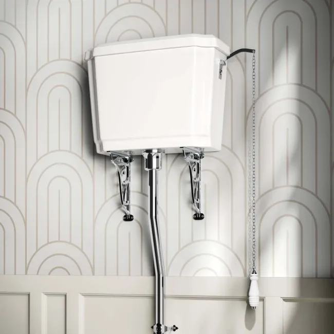 Hudson Traditional Toilet With High-Level Cistern and Inky Blue Wooden Seat