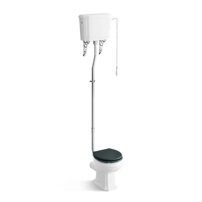 Hudson Traditional Toilet With High-Level Cistern and Inky Blue Wooden Seat