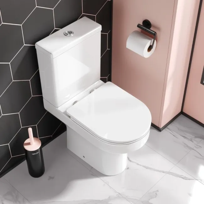 Denver Short Projection Rimless Close Coupled Toilet With Soft Close Slim Seat