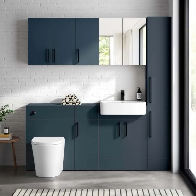 Harper Navy Blue Floor Standing Tall Cabinet 1900x300mm - Black Accents