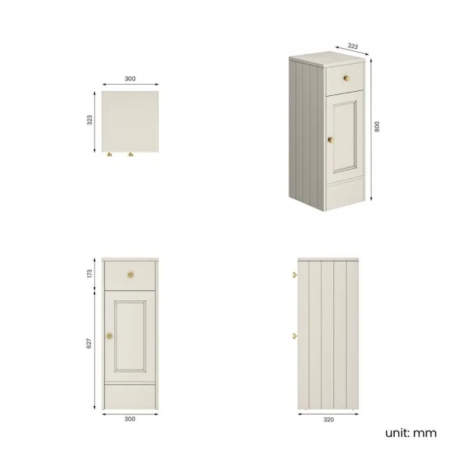 Monaco Chalk White Side Cabinet Unit 300mm - Brushed Brass Accents