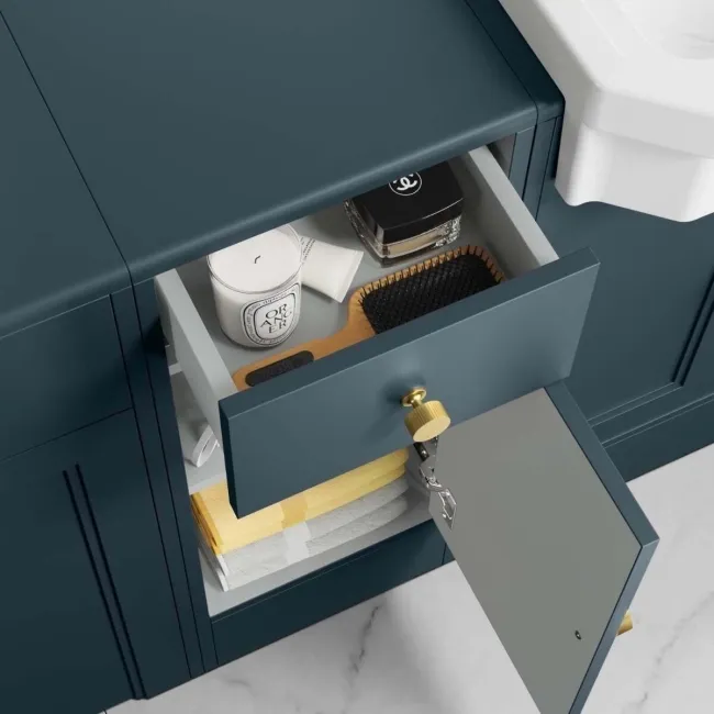 Monaco Inky Blue Side Cabinet Unit 300mm - Brushed Brass Accents