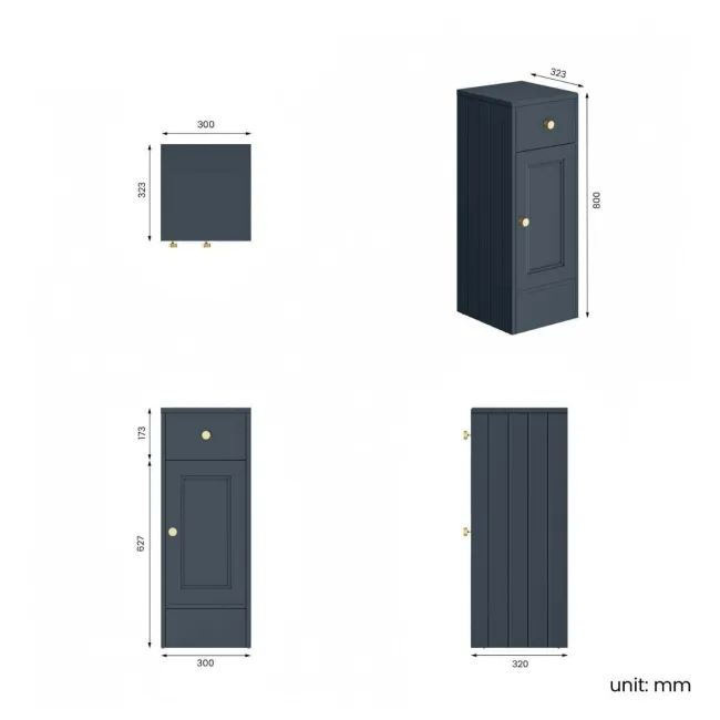 Monaco Inky Blue Side Cabinet Unit 300mm - Brushed Brass Accents