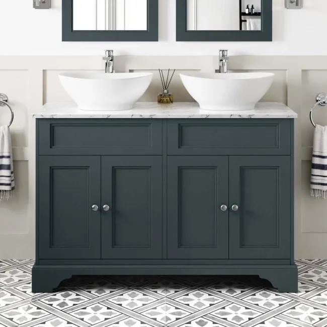 Lucia Inky Blue Double Vanity with Marble Top & Oval Counter Top Basin 1200mm