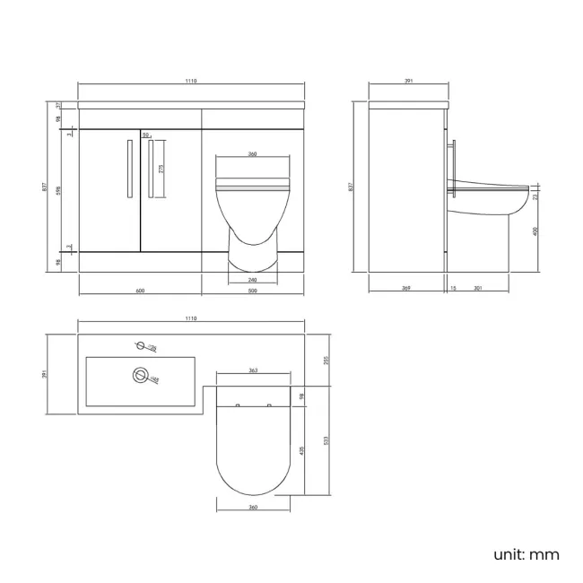 Avon Gloss White Combination Vanity Basin and Aruba Toilet 1100mm - Black Accents - Left Handed