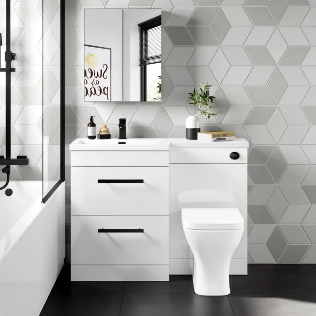 Avon Gloss White Combination Basin Drawer and Atlanta Toilet 1100mm - Black Accents - Left Handed