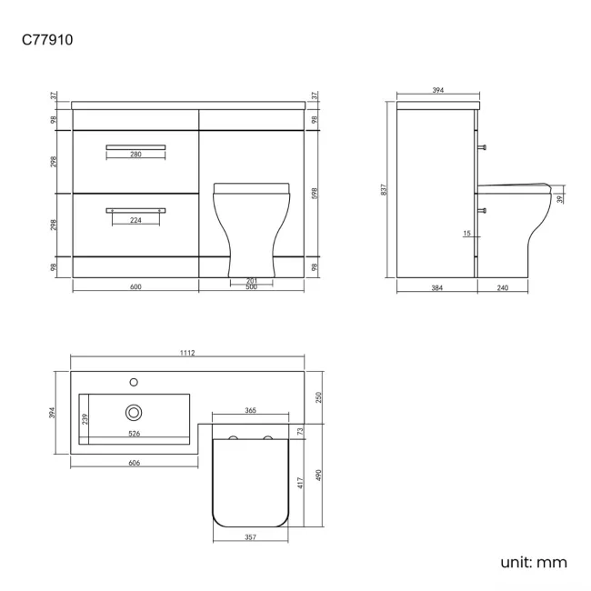 Avon Gloss White Combination Basin Drawer and Atlanta Toilet 1100mm - Black Accents - Left Handed
