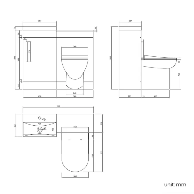 Avon Stone Grey Combination Vanity Basin and Aruba Toilet 950mm - Black Accents