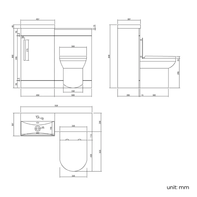 Avon Stone Grey Combination Vanity Basin and Miami Toilet 950mm - Black Accents