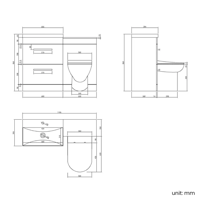 Avon Stone Grey Combination Basin Drawer and Aruba Toilet 1100mm - Black Accents