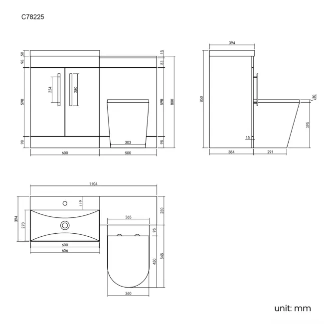 Avon Gloss White Combination Vanity Basin and Boston Toilet 1100mm - Black Accents