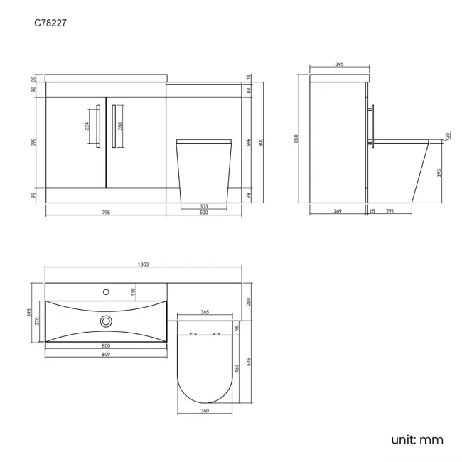 Avon Gloss White Combination Vanity Basin and Boston Toilet 1300mm - Black Accents