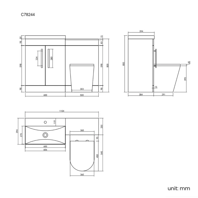 Avon Stone Grey Combination Vanity Basin and Boston Toilet 1100mm - Black Accents