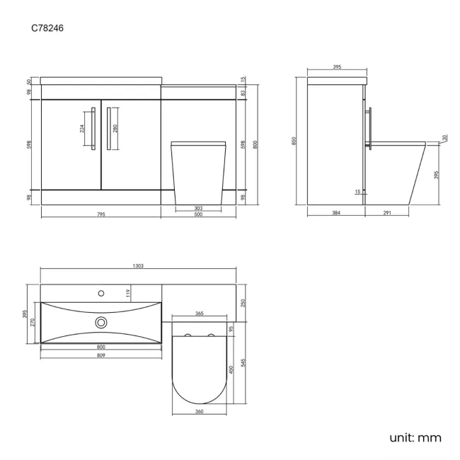 Avon Stone Grey Combination Vanity Basin and Boston Toilet 1300mm - Black Accents