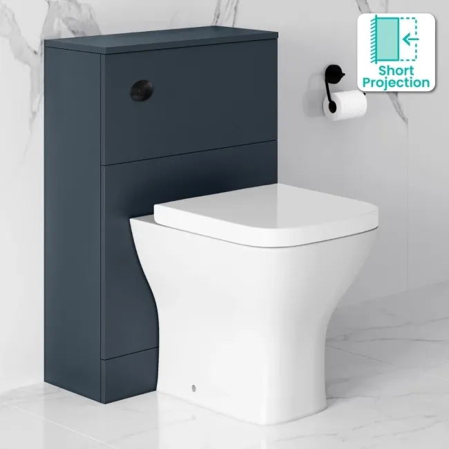 Inky Blue Slimline Back To Wall Unit and Atlanta Toilet - Black Accents