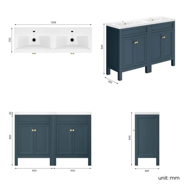 Bermuda Inky Blue Double Basin Vanity 1200mm - Brushed Brass Accents