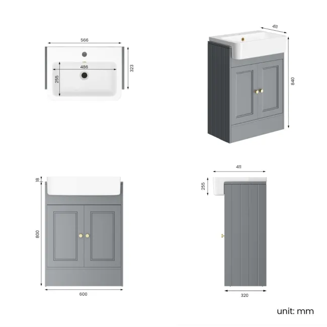 Monaco Dove Grey Basin Vanity 600mm - Brushed Brass Accents